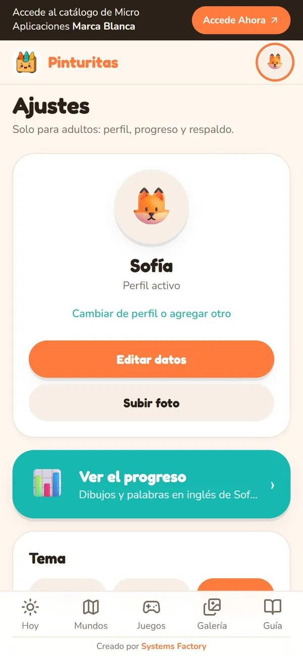 Captura real de Pinturitas: Ajustes (hasta 4 perfiles por celular)