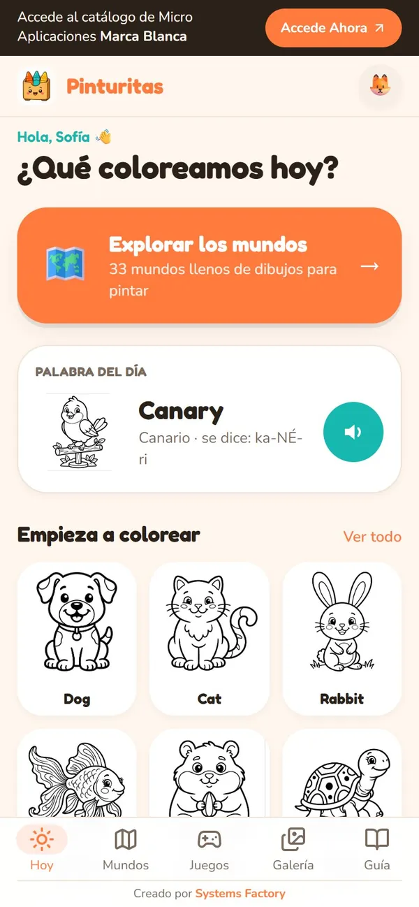 Captura real de Pinturitas: Hoy (saludo y palabra del día)