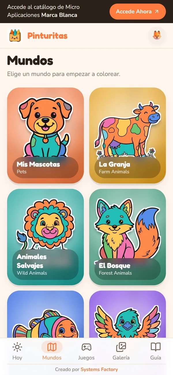 Captura real de Pinturitas: 33 mundos (de 14 a 20 dibujos cada uno)