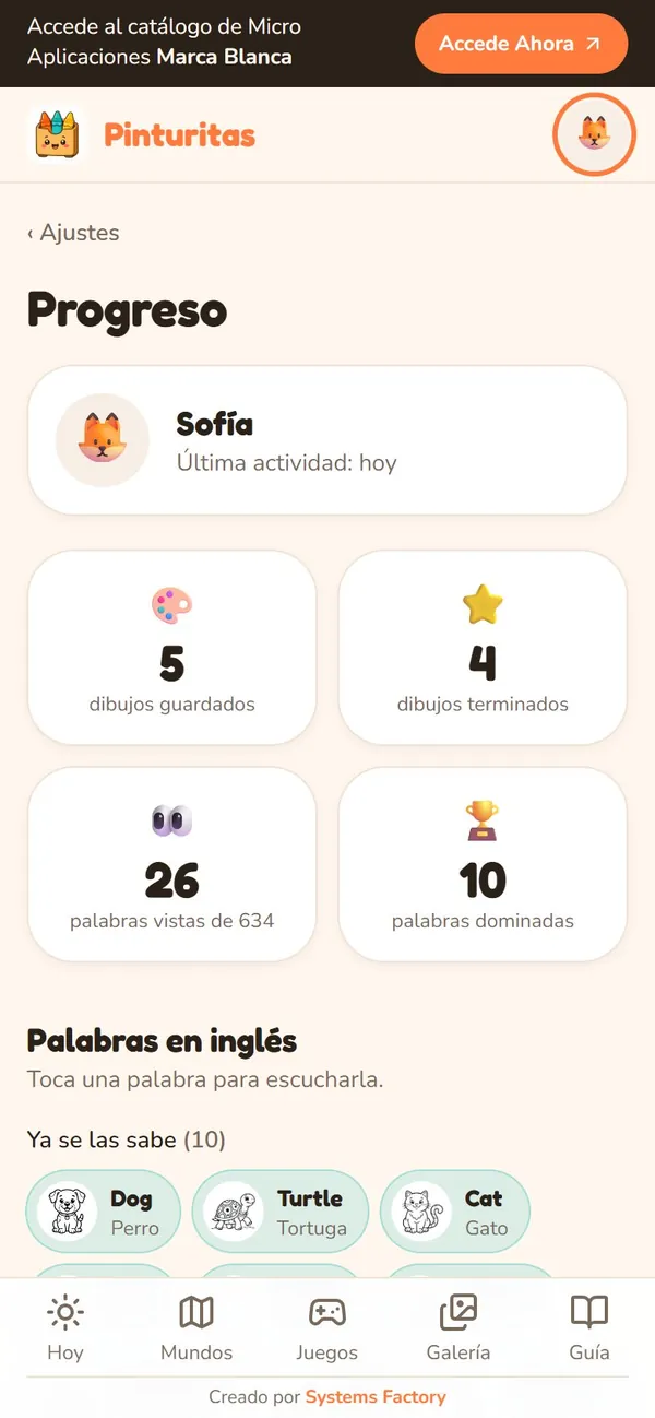 Captura real de Pinturitas: Progreso para papás (detrás de una suma)