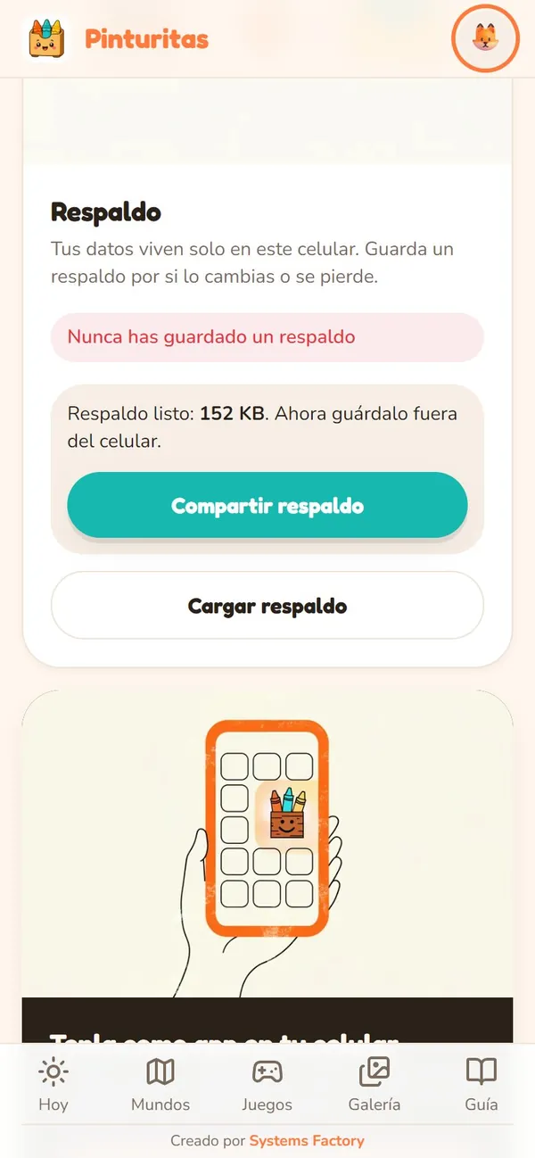 Captura real de Pinturitas: Respaldo (los datos, en un archivo)