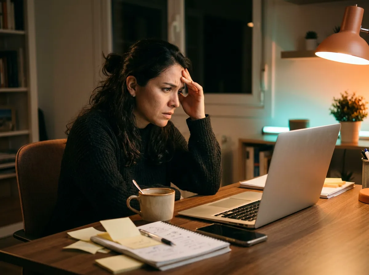Emprendedora preocupada de noche frente a su laptop, con la mano en la frente